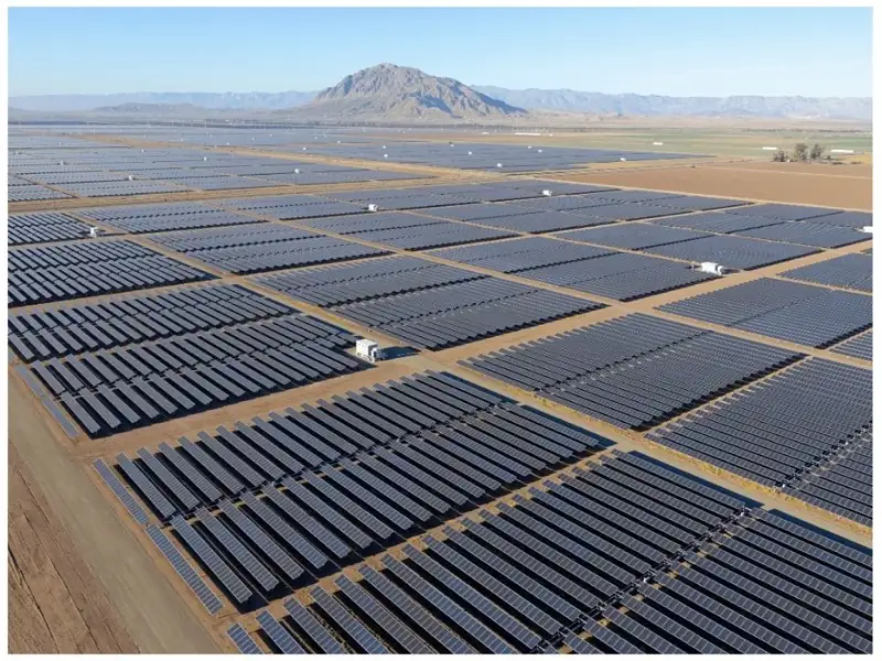 Aerial view of a large-scale ground-mounted solar farm